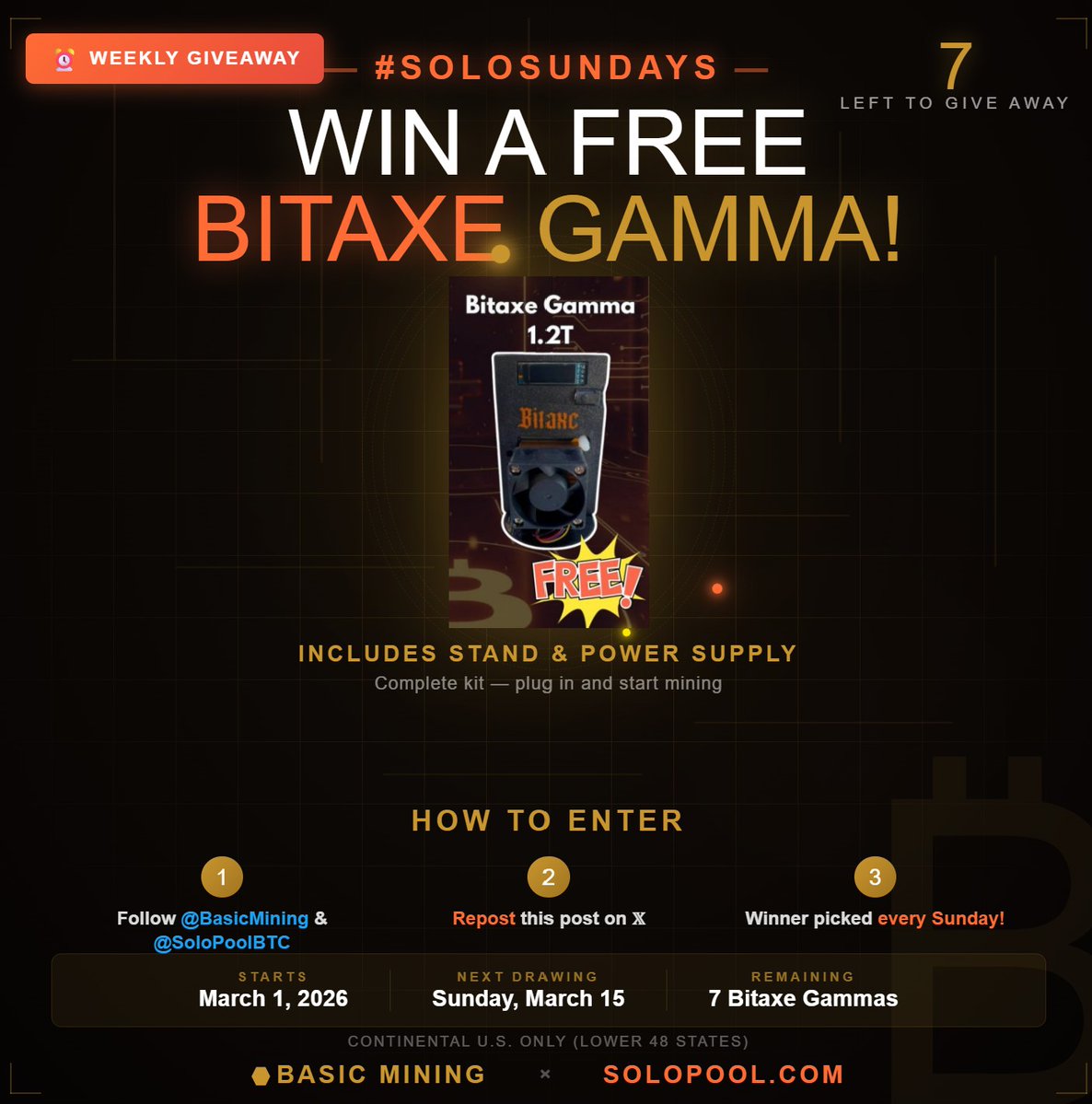 Will you be the next lucky winner of a Bitaxe Gamma?
#SoloSundays is on!

Official #SOLOSUNDAYS Rules:
• Must follow BOTH <a href="/BasicMining/">Basic Mining</a> AND <a href="/SoloPoolBTC/">Solo Pool</a>
• Must repost the pinned giveaway post
• Must reply to this post
• One entry per person
• Winner randomly selected every
