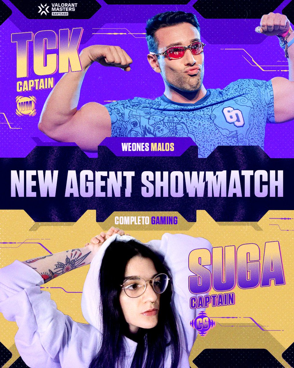 ValorantEsports's tweet photo. It’s Weones Malos vs Team Completo. The biceps of @tck10_ vs the big brain of @suga_vct. Agent 30 enters the lineup.

It goes down before #VALORANTMasters Grand Finals on March 15th. https://t.co/rSbtZK12we