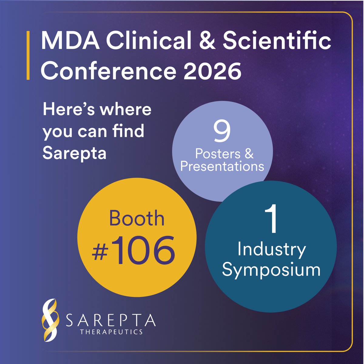 Sarepta's tweet photo. Happy to be here in Orlando at the 2026 Muscular Dystrophy Association Clinical &amp; Scientific Conference sharing updates and connecting with the community. Come find us! #MDAconference #MDA https://t.co/fEabkiMiOB
