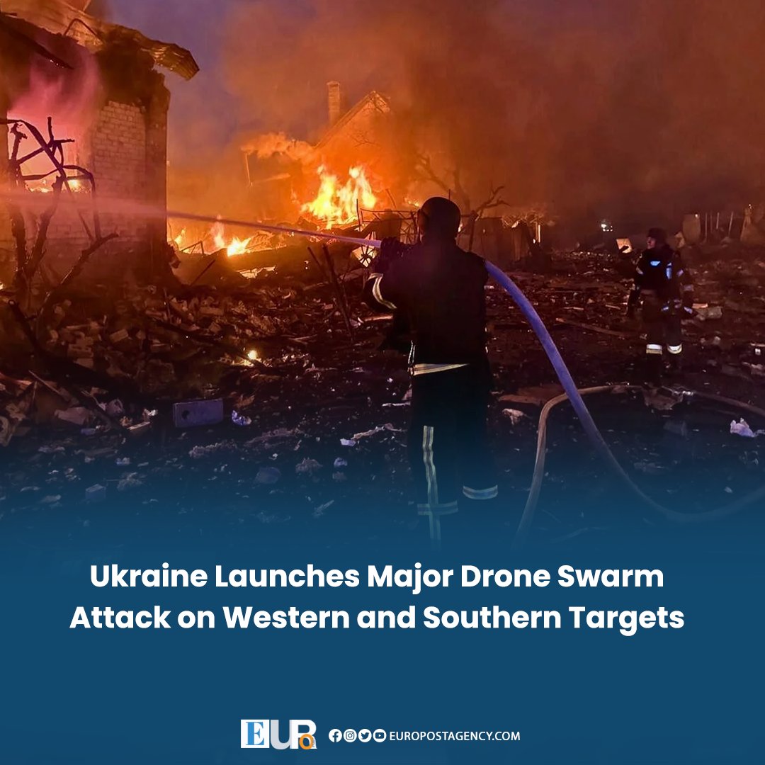 EuroPostAgency's tweet image. Large-Scale Ukrainian Drone Strike Reported Across Western and Southern Areas

A new wave of drones was reportedly launched in a coordinated swarm attack targeting multiple sites overnight. 
#EuroPost