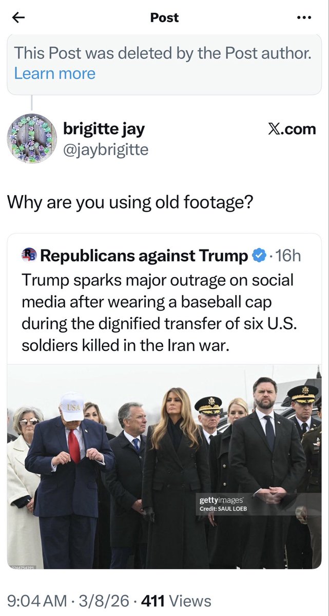 jaybrigitte's tweet photo. Fox News deleted this tweet, but they are still not showing the real footage of Donald Trump wearing a baseball cap during the dignified transfer ceremony.
@foxandfriends @FoxNews #FoxLies #Iran #IranWar #FoxNews https://t.co/4fXFn9VauE