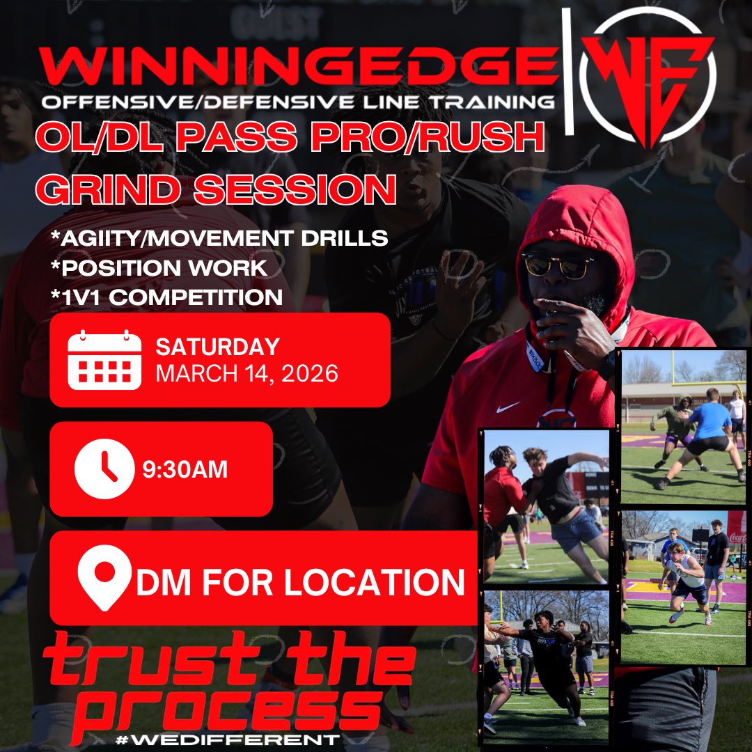 coachswift64's tweet photo. WinningEdge OL/DL Pass Pro/Rush Grind Session
• Technique Work
• Movement &amp; Agility
• 1v1 Battles
📅 Saturday – 9:30AM
📍 DM for location
Learn how to:
✔ Set and anchor in pass protection
✔ Strike with proper hand placement
✔ Develop pass rush moves and counters
✔ Win Reps https://t.co/lnVtom4MJQ
