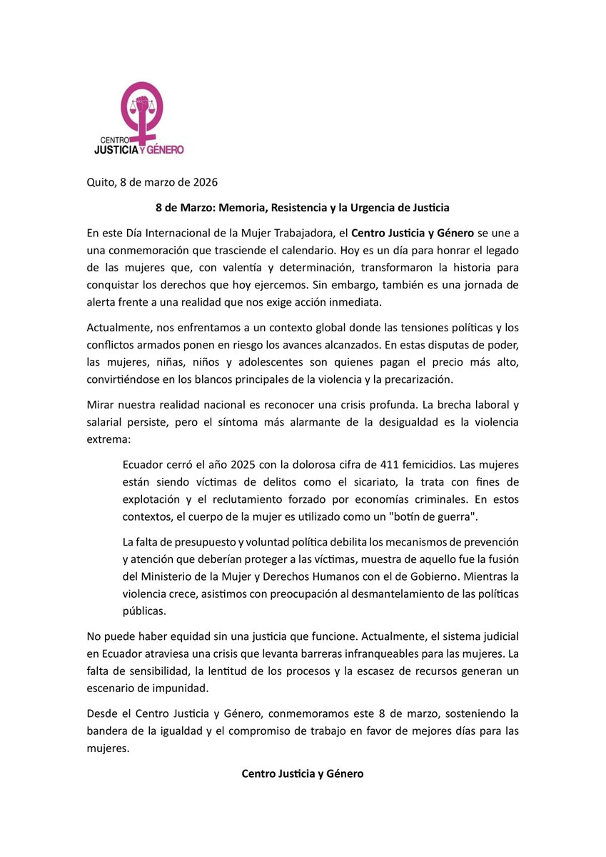 JusticiayGenEc's tweet photo. Manifiesto por el 8 de Marzo  Día Internacional de las Mujeres  

Desde el Centro Justicia y Género, conmemoramos este 8 de marzo, sosteniendo la bandera de la igualdad y el compromiso de trabajo en favor de mejores días para las mujeres.  

Por una justicia libre de violencias. https://t.co/WrRQDrLSfU