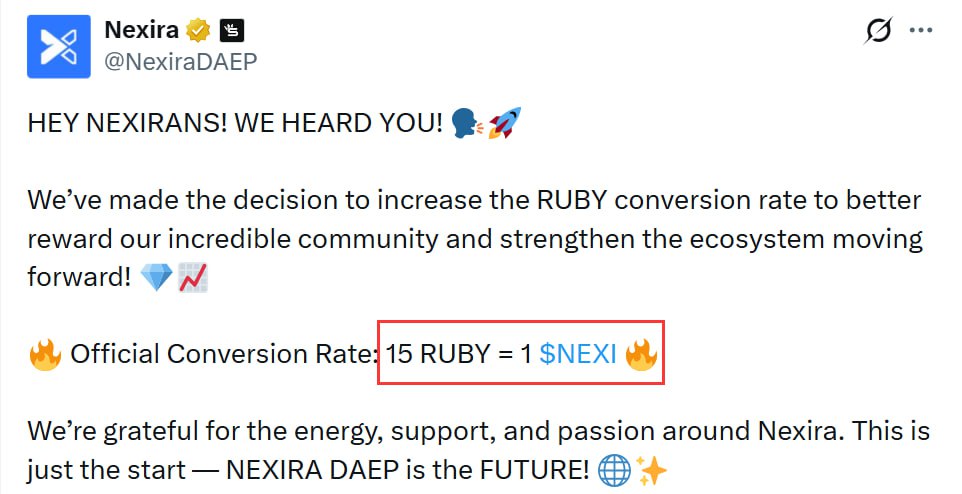 15 RUBY = 1 $NEXI 
10k Ruby ≈ 666.67 NEXI

Price 0.035$ হলেও 20$ 
দেখা যাক কালকে কত Profit হয়