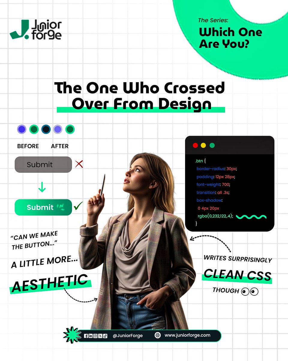 junior_forge's tweet photo. The junior dev who came from design just said "can we make the button more aesthetic" and then wrote the cleanest CSS you've ever seen. 😭🎨

Crossover talent is genuinely underrated in tech.

🔗 https://t.co/3hpatDYnYL
#JuniorDev #TechTwitter #JuniorForge #DesignAndCode https://t.co/f25kRZ6Ceh