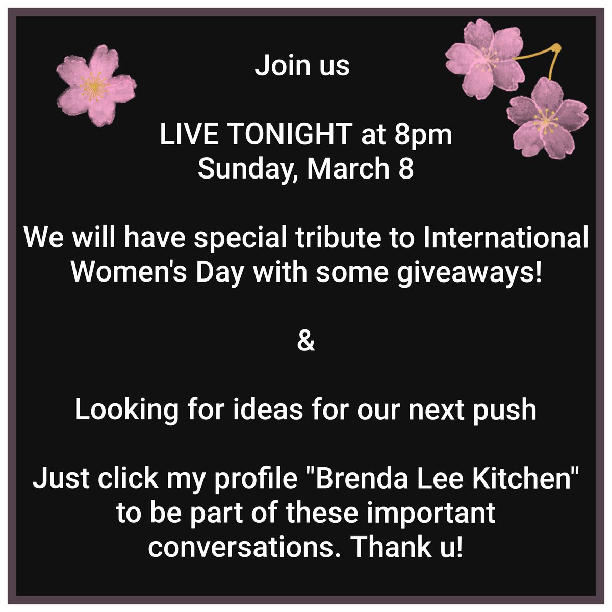 PROTECTNL_REAL's tweet photo. Join us on Facebook 

LIVE TONIGHT at 8pm
Sunday, March 8

We will have special tribute to International Women's Day with some giveaways!

&amp;

Looking for ideas for our next push

Just click my profile "Brenda Lee Kitchen" to be part of these important conversations. Thank u! https://t.co/tB8bU5xtpa