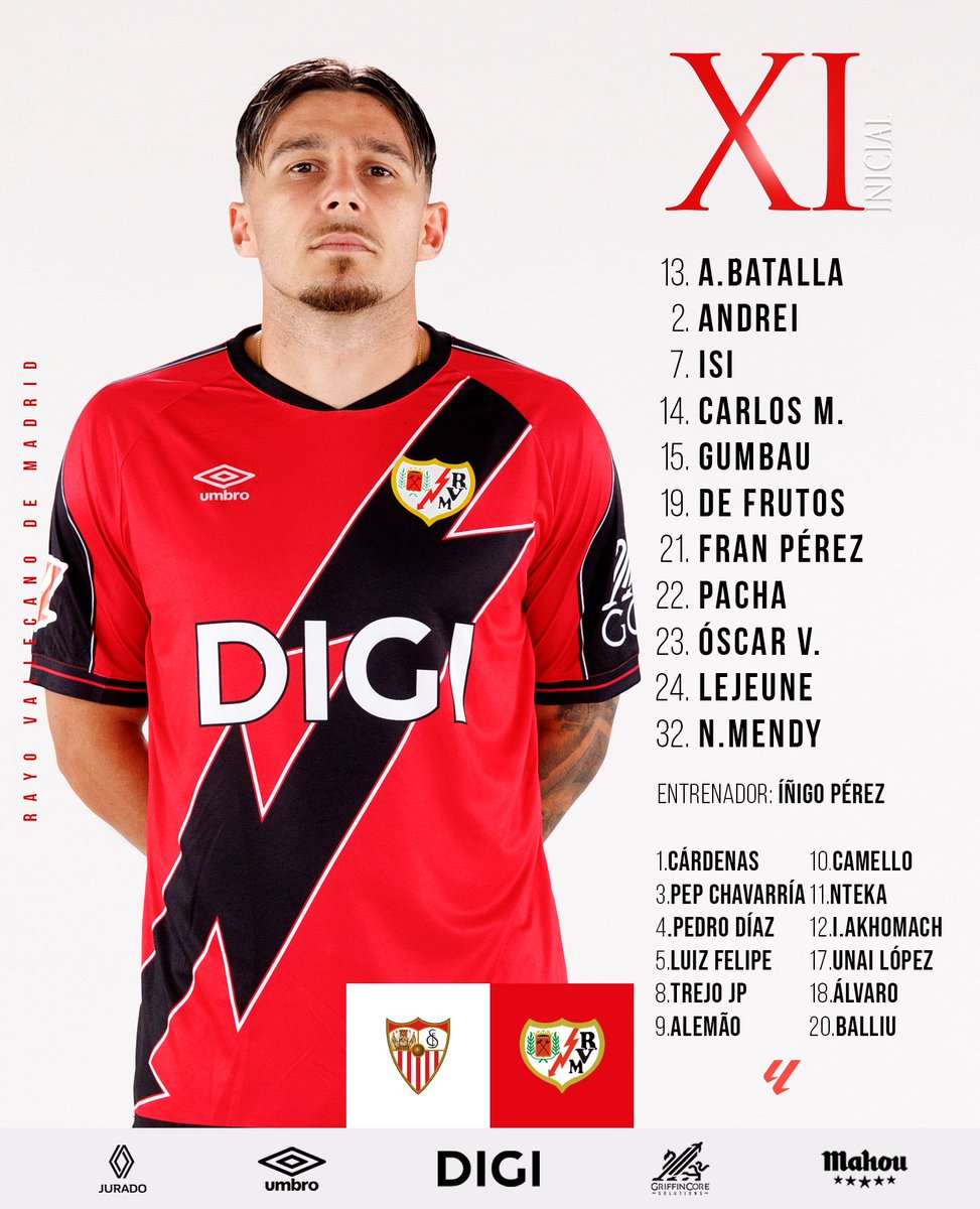 ⚡️ Once del Rayo Vallecano elegido por Íñigo Pérez para enfrentarse al <a href="/SevillaFC/">Sevilla Fútbol Club</a>.

#SevillaRayo #VamosRayo