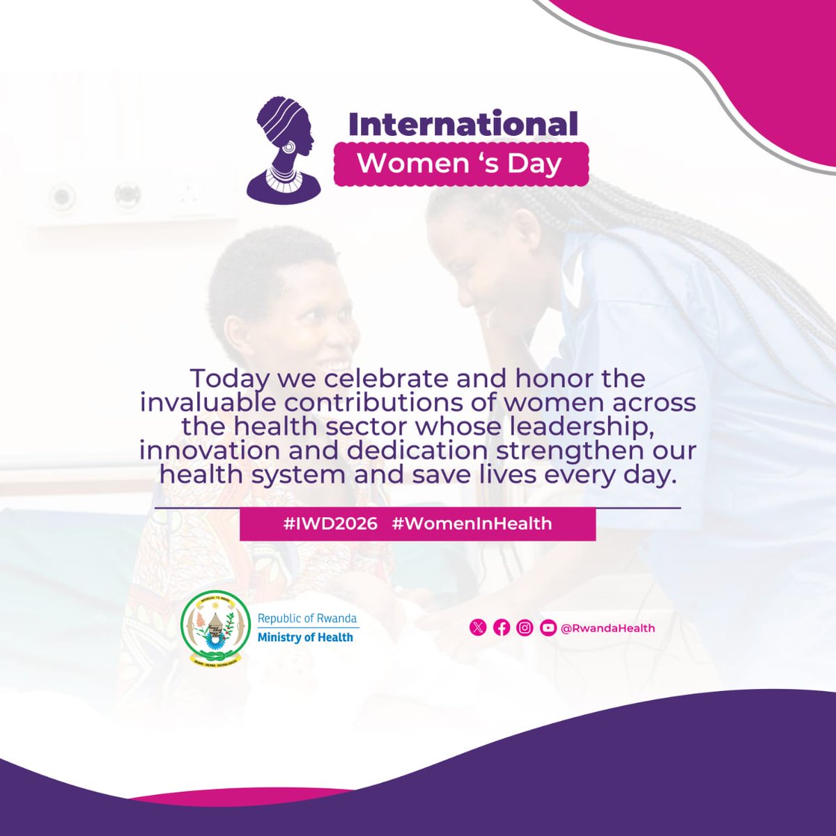 RwandaHealth's tweet photo. Umunsi mwiza Mpuzamahanga w'Umugore. 

Kuri uyu munsi, turazirikana uruhare ntagereranywa rw’abagore bakora mu rwego rw’ubuzima mu kunoza no kwegereza abaturage serivisi z'ubuvuzi.
#IWD
#UmugoreNiUwagaciro 
=======

Happy International Women's Day.

Today we celebrate and honor the invaluable contributions of women across the health sector whose leadership, innovation and dedication strengthen our health system and saves lives every day.