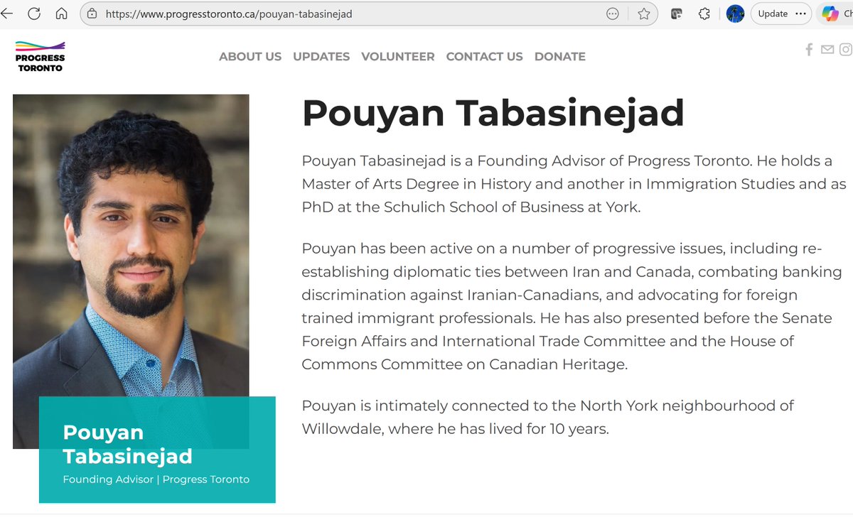 RaymondTJean's tweet photo. @kinsellawarren better save your screen capture of Pouyan Tabasinejad's bio on ProgressToronto,... they just updated it,.. err,.. eliminated any reference to Iranian Canadian Congress https://t.co/DDlwOVexJ6