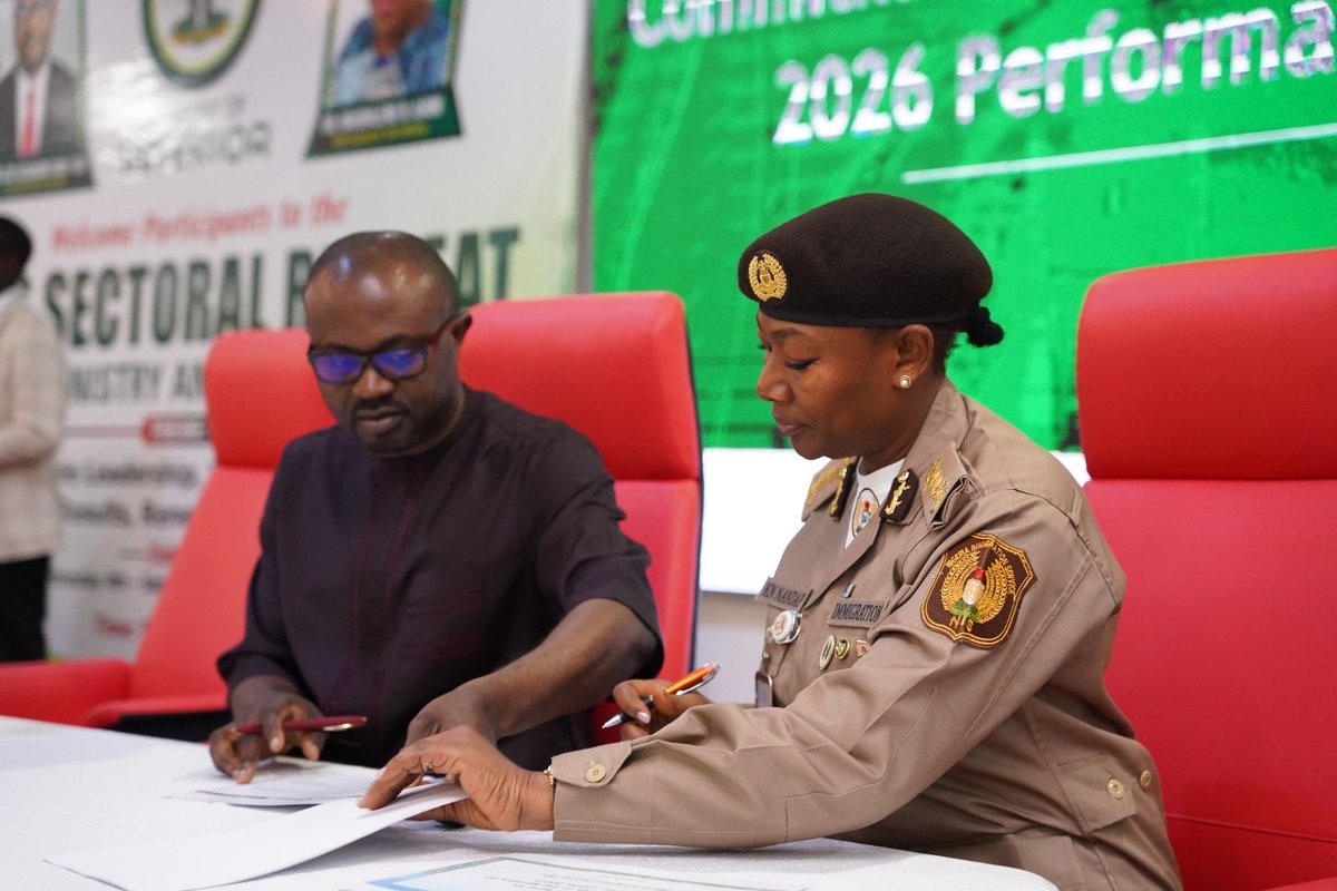 nigimmigration's tweet photo. The Comptroller-General of Nigeria Immigration Service, KN Nandap, pcc, mmis, fsmn, fspsp attended the 2026 Ministry of Interior Performance Management Retreat alongside Heads of Agencies and senior officials held at Nigeria Army Conference Centre and Suites (NACCAS), Asokoro, Abuja on the 7th, March,2026.

In his closing remarks, the Minister of Interior, Hon Dr. Olubunmi Tunji-Ojo urged the Agency Heads to redouble their efforts in delivering their mandates to meet both the administrative and security needs of Nigerians. The Honourable Minister further noted that the past year recorded improvements in Border governance, faster emergency response operations and reforms in custodial administration must not breed complacency as the Ministry geared towards improved performance in 2026. 

The day's highlight was Heads of Agencies including Nigeria Immigration Service, signing the 2026 Performance Bond with the Hon. Minister. 
Nigeria Immigration Service topped the 2025 Performance rankings, wrapping up the three-day event. 

Nigeria Immigration Service remains committed to enhancing Nigeria’s Border Governance, improving Migration Management and continuous application of technology to drive its key reform areas.

e-Signed
DCI AS AKINLABI
SERVICE PUBLIC RELATIONS OFFICER
NIGERIA IMMIGRATION SERVICE HEADQUARTERS, ABUJA
8TH MARCH, 2026.