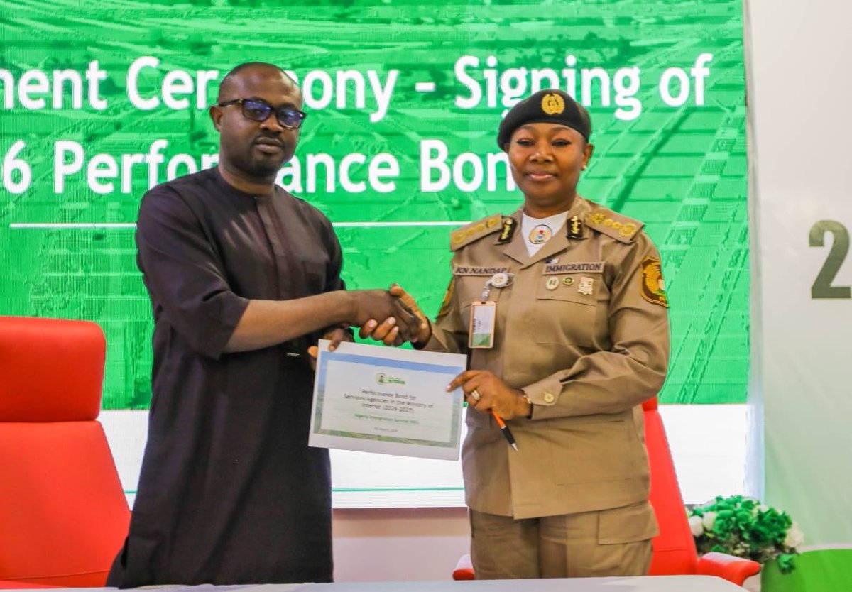 nigimmigration's tweet photo. The Comptroller-General of Nigeria Immigration Service, KN Nandap, pcc, mmis, fsmn, fspsp attended the 2026 Ministry of Interior Performance Management Retreat alongside Heads of Agencies and senior officials held at Nigeria Army Conference Centre and Suites (NACCAS), Asokoro, Abuja on the 7th, March,2026.

In his closing remarks, the Minister of Interior, Hon Dr. Olubunmi Tunji-Ojo urged the Agency Heads to redouble their efforts in delivering their mandates to meet both the administrative and security needs of Nigerians. The Honourable Minister further noted that the past year recorded improvements in Border governance, faster emergency response operations and reforms in custodial administration must not breed complacency as the Ministry geared towards improved performance in 2026. 

The day's highlight was Heads of Agencies including Nigeria Immigration Service, signing the 2026 Performance Bond with the Hon. Minister. 
Nigeria Immigration Service topped the 2025 Performance rankings, wrapping up the three-day event. 

Nigeria Immigration Service remains committed to enhancing Nigeria’s Border Governance, improving Migration Management and continuous application of technology to drive its key reform areas.

e-Signed
DCI AS AKINLABI
SERVICE PUBLIC RELATIONS OFFICER
NIGERIA IMMIGRATION SERVICE HEADQUARTERS, ABUJA
8TH MARCH, 2026.