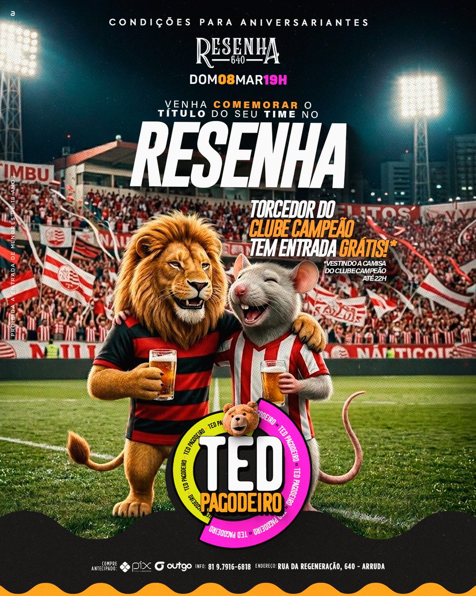 cardosocnc's tweet photo. Fala galera!

Como vocês sabem faço evento, e hoje tem um pagodinho pós jogo no resenha!

E o torcedor do time campeão com a camisa, entra free! 

(Espero que seja o Náutico 🤣🙏🏼)

Mandem pros amigos de vocês, e deem RT pra dar essa força aí! https://t.co/20G3lQUgP7