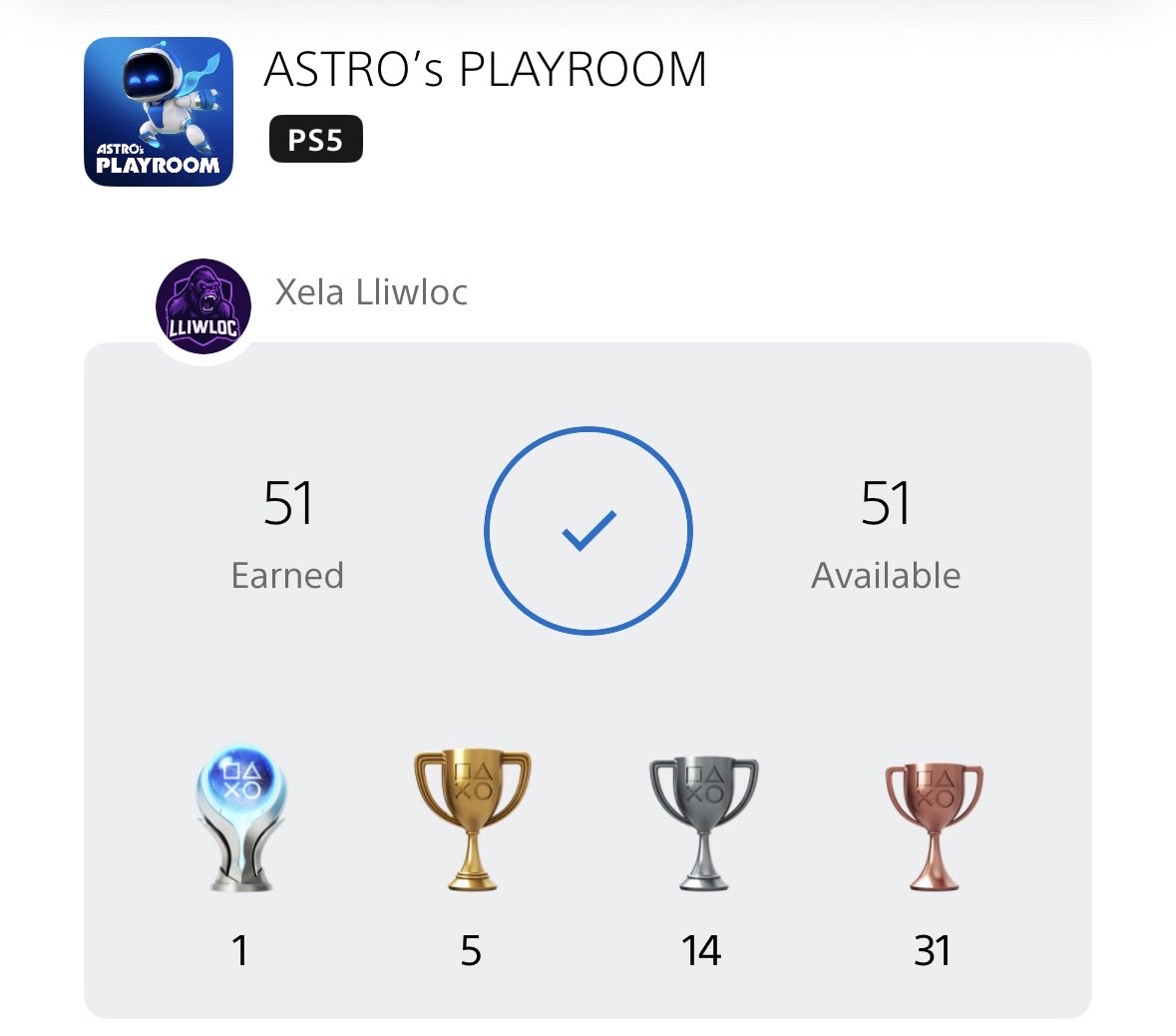 AlexColwill's tweet photo. Platinum #2 secured. #Astrobot

Thought I already had it, missed two trophies without noticing. 

A perfect #Playstation introduction game. The adaptive triggers alone made me understand the hardware available. https://t.co/pOt0HE7IJK