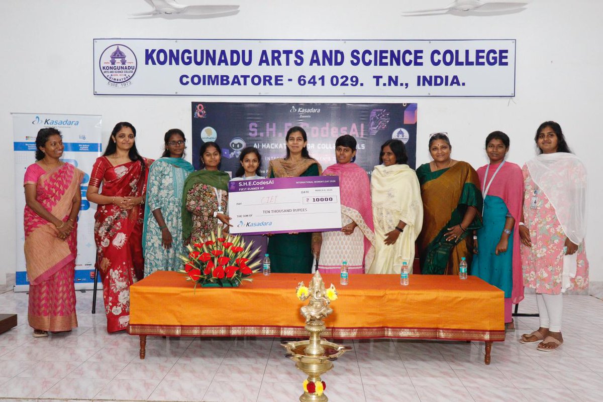 kasccbe's tweet photo. Coimbatore, March 8, 2026: Kongunadu Arts and Science College, Coimbatore, in collaboration with Kasadara Technology Solutions, organized S.H.E.CodesAI, an AI hackathon exclusively for college girls as part of International Women’s Day celebrations https://t.co/nEXHxsc1Yb