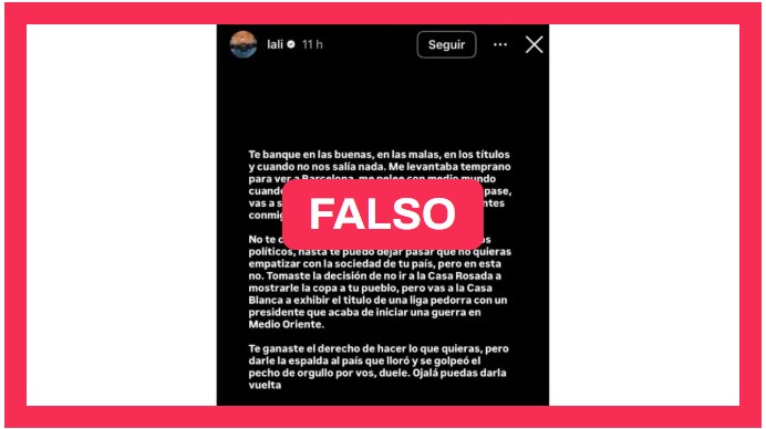 [NUEVO] No, Lali no criticó a Messi luego de que el jugador visitara a Trump❌

El texto que circula en redes sociales fue publicado por el periodista deportivo Martín Etcheverry.

🖋️<a href="/depuntocorti/">Delfina Corti</a>

chequeado.com/ultimas-notici…