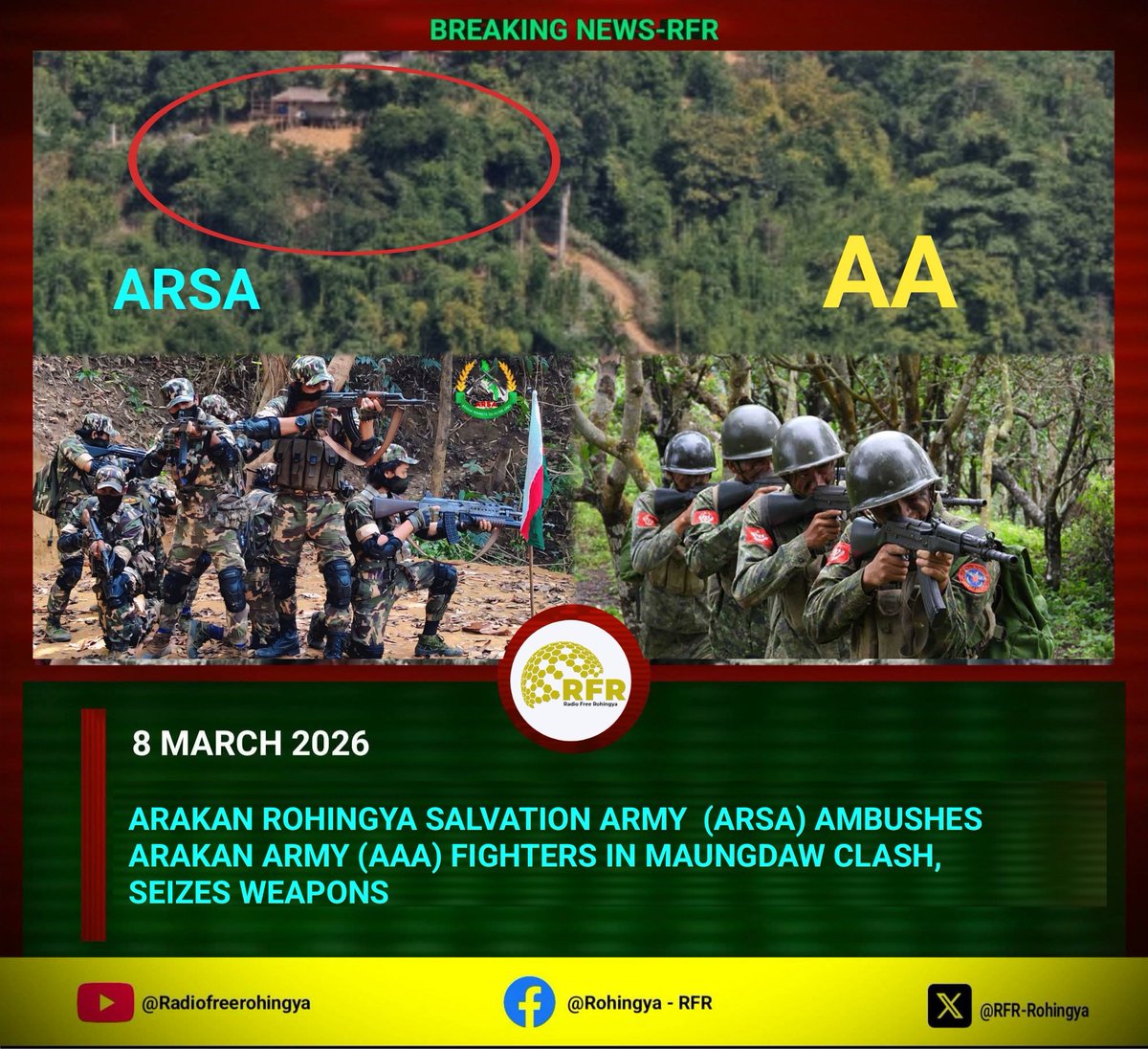 🚨 Clash in Maungdaw: ARSA ambushes Arakan Army (AA), kills 8+ fighters &amp; seizes weapons. Fighting ongoing. ARSA urges local support. 
#RFR_MEDIA