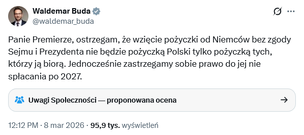 Fajnie mówi p. Buda 
Z jego słów wynika, że <a href="/mblaszczak/">Mariusz Błaszczak</a> ma do spłaty jakieś 200 mld pożyczek zaciągniętych w Korei i USA