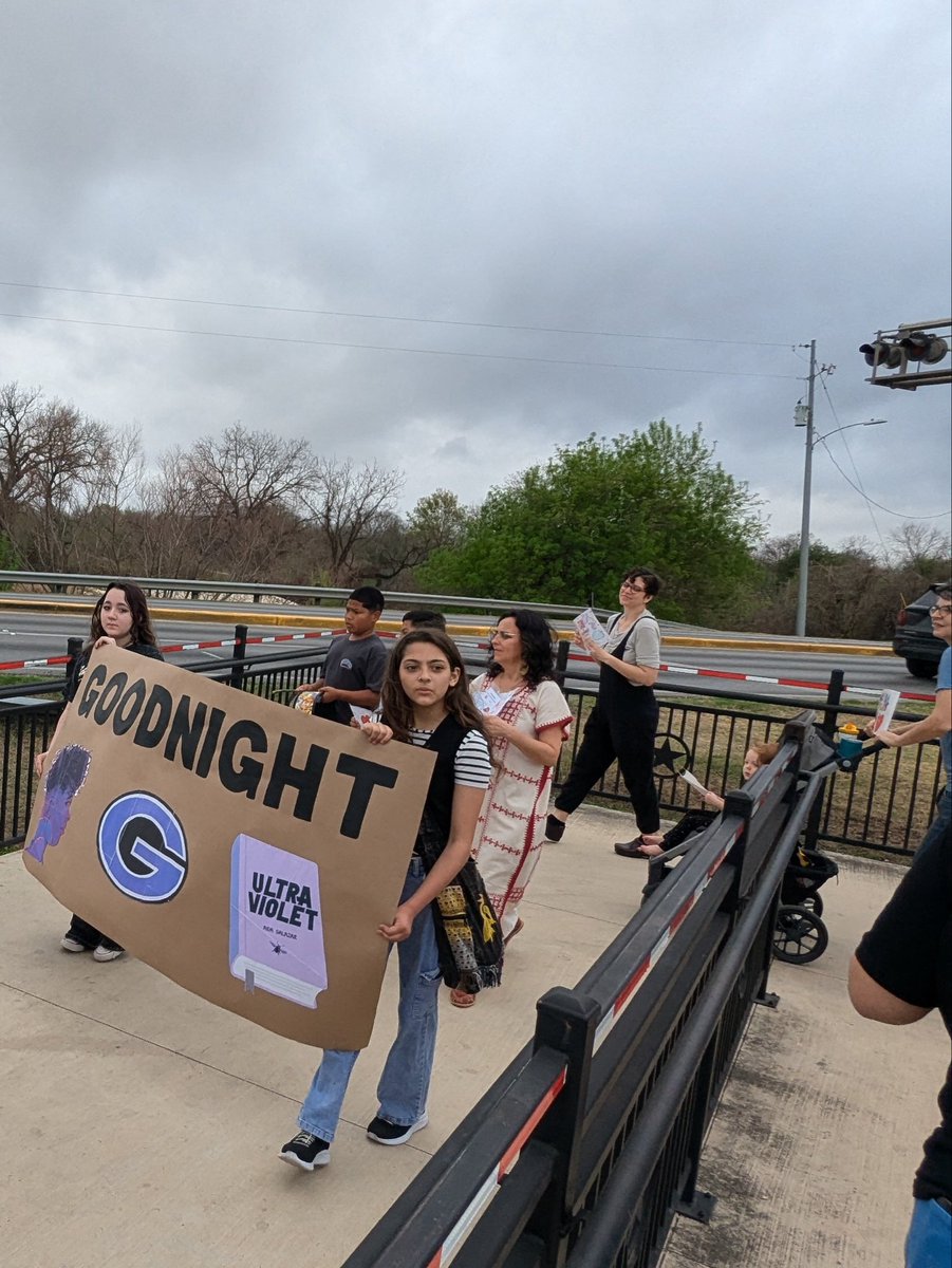 GoodnightSMCISD's tweet photo. Goodnight students participated in the Tomas Rivera Children's Parade &amp; Literature Fair on Saturday, March 7th. Our 6th grade AVID students read "Ultraviolet" by Aida Salazar, and they got to meet and walk with the famous Mexican American author during the parade! #avid #literacy https://t.co/84ym8lLVaW