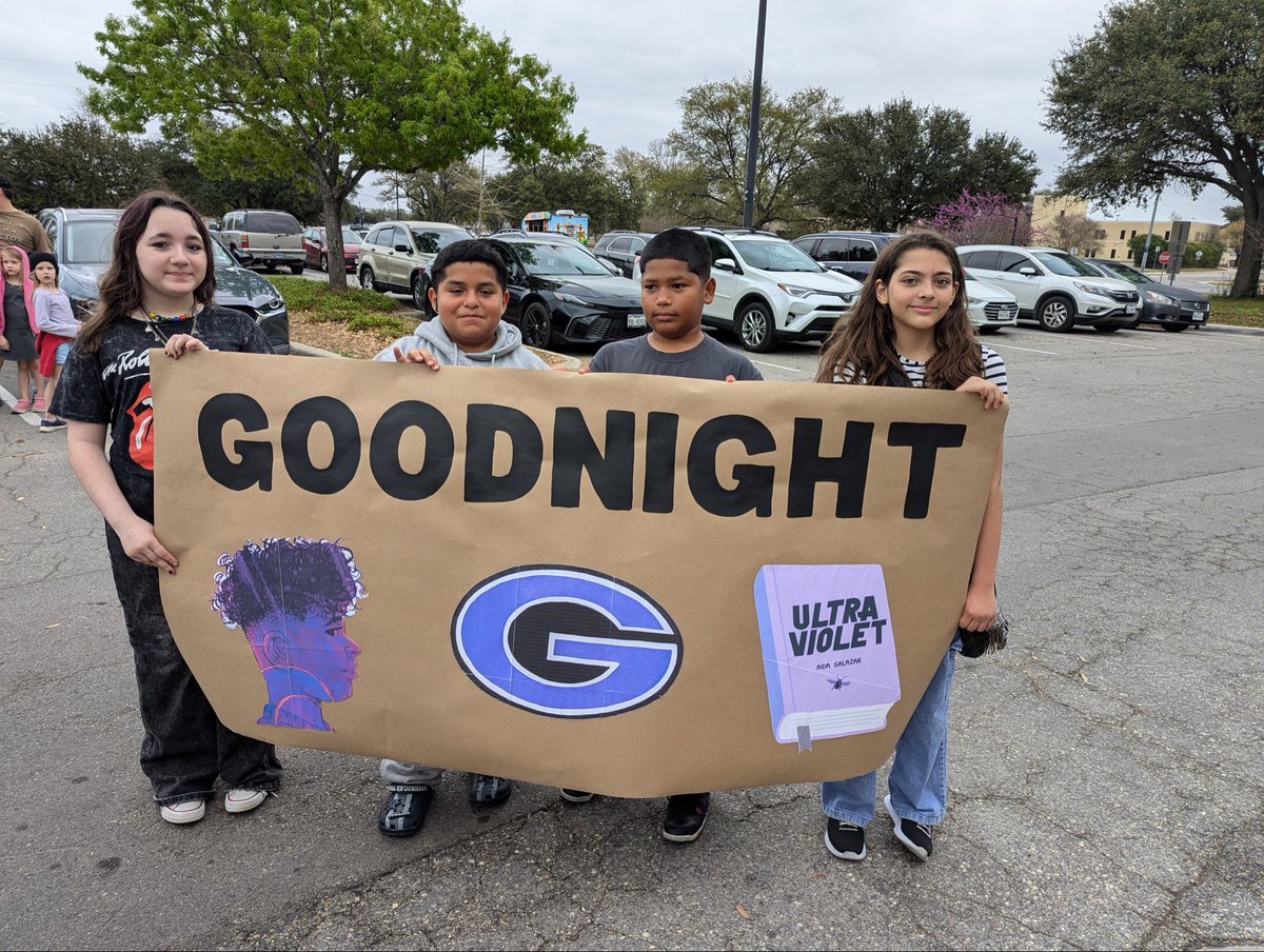 GoodnightSMCISD's tweet photo. Goodnight students participated in the Tomas Rivera Children's Parade &amp; Literature Fair on Saturday, March 7th. Our 6th grade AVID students read "Ultraviolet" by Aida Salazar, and they got to meet and walk with the famous Mexican American author during the parade! #avid #literacy https://t.co/84ym8lLVaW