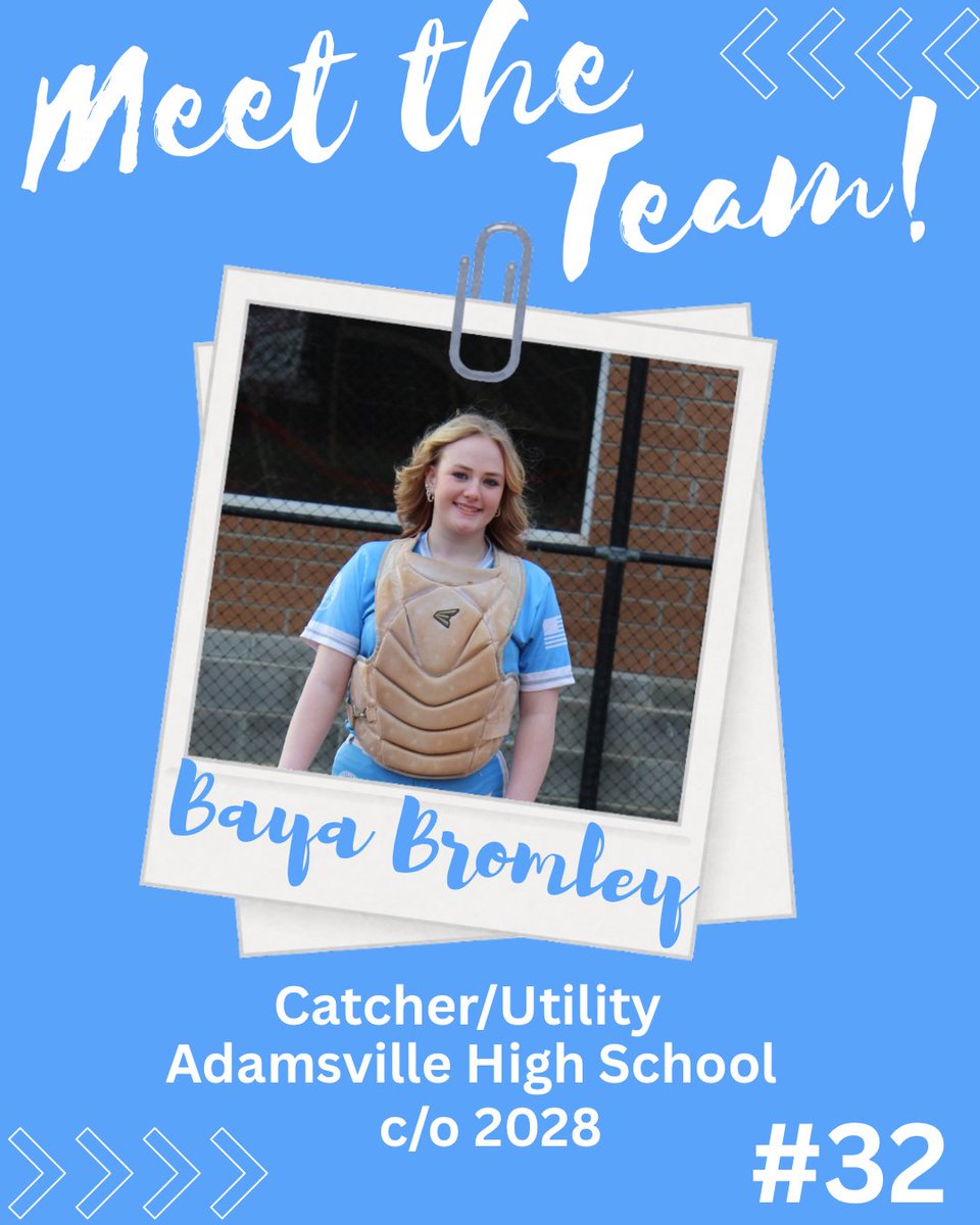 Welcome back #32, 2028 catcher/utility, Baya Bromley! Baya will return to us this summer for another season after completing the spring with her high school team, the Adamsville Catdinals. Baya is a beast behind the plate and we are excited to have her back!