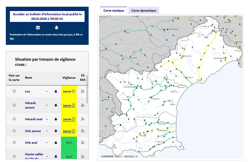 Prefet34's tweet photo. 🟡 Point météo – vigilance jaune pluie-inondation et vigilance jaune crues dans l’Hérault

Les pluies tombées ces derniers jours entraînent une montée des cours d’eau.
Un épisode de pluies renforcées est attendu à partir de 05h00 cette nuit jusqu’au lundi 9 mars à 12h, principalement sur la moitié Est du département.

⚠️ Vigilance jaune crues pour l’Orb amont, le Lez, l’Hérault amont, l’Hérault aval et le Vidourle.

🚧 Plusieurs routes départementales sont inondées ou fermées, notamment :
RD62e2 (Palavas), RD32 (Florensac–Castelnau-de-Guers), RD32e8 (Florensac–Marseillan), RD161 (Pomérols–Marseillan), RD32 (Aumes–St-Martin-de-Graves) et RD161e3 (Pézenas).

👉 La plus grande vigilance est recommandée, en particulier lors de vos déplacements.

⚠️Ne vous approchez pas des cours d’eau et soyez vigilants dans les zones basses.
• Ne franchissez jamais une route fermée signalant une inondation.
• Ne vous engagez pas sur un passage à gué chargé en eau.

ℹ️ Suivez l’évolution de la situation⤵️
https://t.co/N0eMMkiIuy