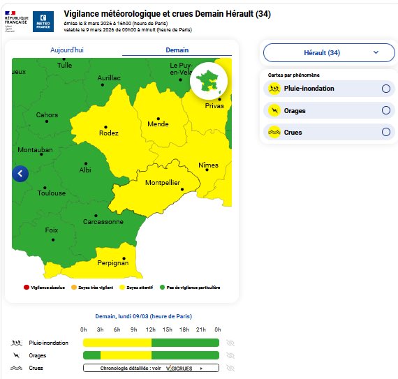 Image de Préfète de l'Hérault - 🟡 Point météo – vigilance jaune pluie-inondation et vigilance jaune crues dans l’Hérault

Les pluie