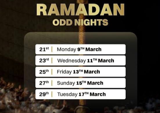 Mahdii365_'s tweet photo. The Odd Nights in the Last Ten Days of Ramadan:

Monday, March 9 - Night 21 of Ramadan.

Wednesday, March 11 - Night 23 of
Ramadan.

Friday, March 13 - Night 25 of Ramadan.

Sunday, March 15 - Night 27 of Ramadan.

Tuesday, March 17 - Night 29 of Ramadan

The night begins from Maghrib until Fajr O Allah, let us reach the Night of Laylatul qadr and make us among its people. Aameen 🤲❤️