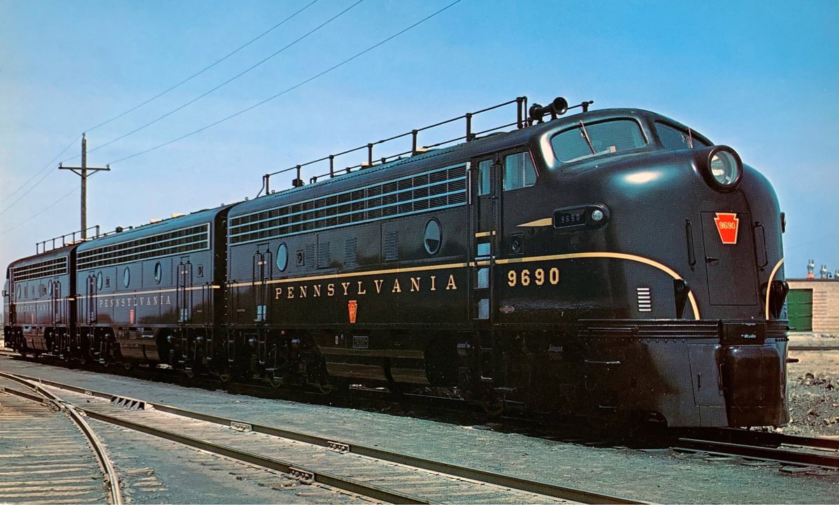 americanrails's tweet photo. In this striking Electro-Motive photo, recently completed Pennsylvania F7's, led by #9690-A, bask in sun during April of 1949.

https://t.co/SHg03GH5S6 https://t.co/mATQ2EyErg
