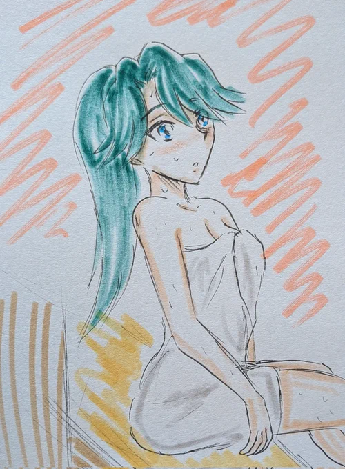 #ゴープリ10周年なので海藤みなみさん3733枚描いてお祝い (1453.1454.1455.1456) 昨日寝る前に描いてた「サウナの日」余韻らくがき。