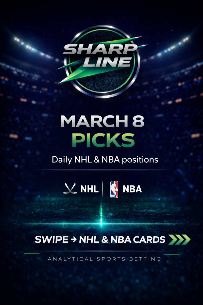 TheSharpLine's tweet photo. March 8 NHL + NBA plays. 🔥

I break down the matchups, find the value, and post the card.

Swipe ➡️ for the picks.

Let’s keep stacking units. 📈

#SportsBets #NBA #NHL https://t.co/q3RmWcKQOv