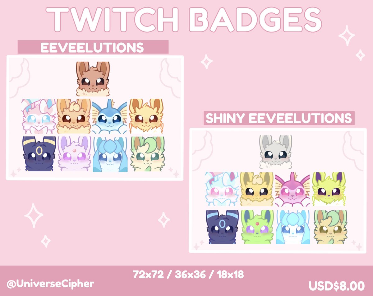 UniverseCipher's tweet photo. I drew some Eeveelutions badges for Twitch 🫶🏻

https://t.co/d50cHH4fBV

tags; #pokemon #twitch #twitchbadges #eevee #eeveelutions #eevee #sylveon #jolteon #vaporeon #flareon #glaceon #espeon #umbreon #leafeon https://t.co/ez2SvVm6Sh