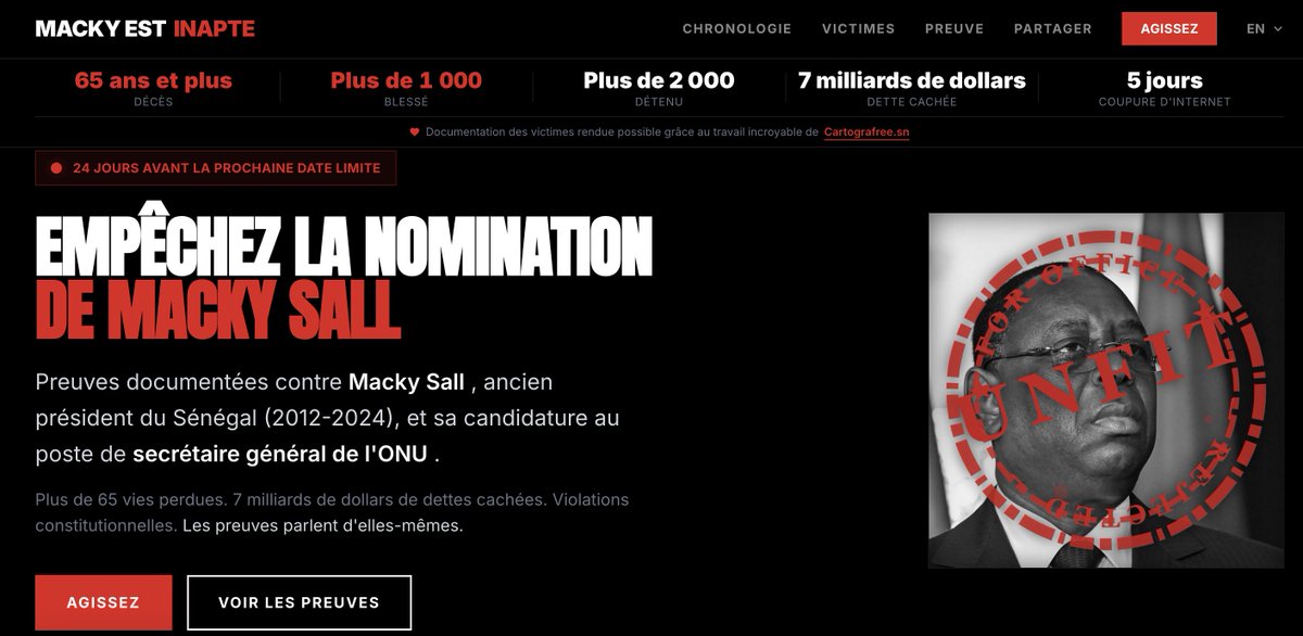 Thread 🧵 / NON A LA CANDIDATURE DE MACKY SALL À L’ONU

Macky Sall, l'ancien président du Sénégal, est candidat pour devenir le prochain Secrétaire Général de l'ONU. Son bilan sanglant et antidémocratique est incompatible avec ce poste.
Le site nonamacky.org vient