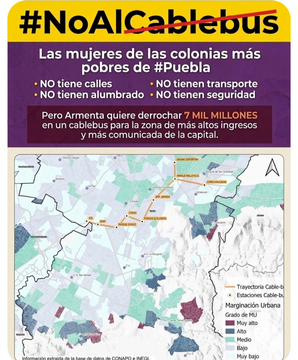 Las mujeres de Puebla necesitan SEGURIDAD.

No un derroche de 7 MIL MILLONES en un innecesario y carísimo cablebús 

#NoAlCablebus
