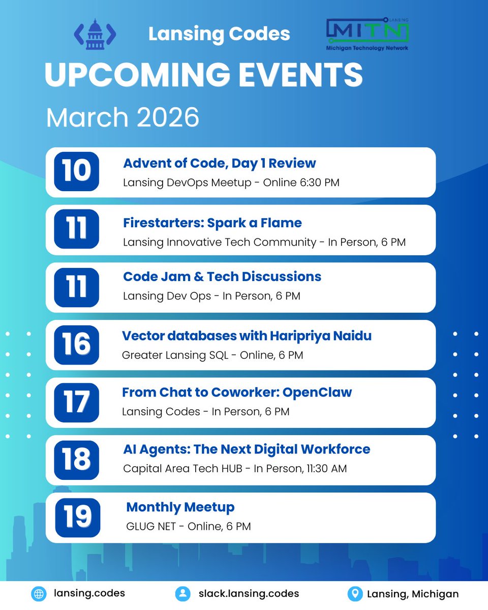 lansingcodes's tweet photo. Some of the FREE Lansing Tech Community events scheduled for this month. Know of any that we missed? Reply to this message to spread the word! We love to promote all the cool stuff happening in the tech community and Greater Lansing area. https://t.co/OvlnXlpzQH