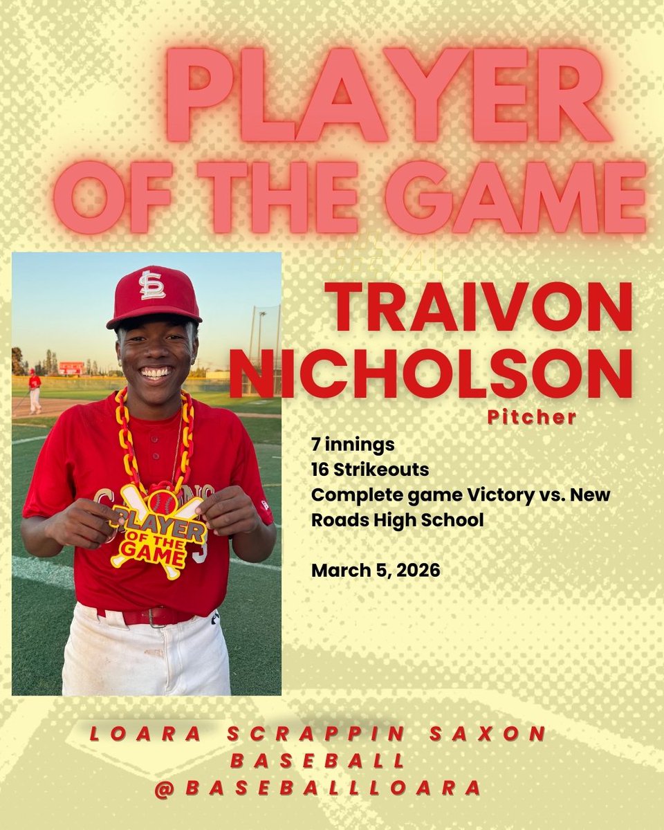 BaseballLoara's tweet photo. March 5, 2026 Player of the Game vs. NEW ROADS https://t.co/GXyL6c7BuI