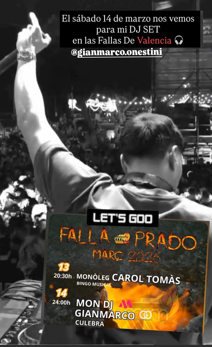 Nos quemamos 🔥🔥el 14 de Marzo en Falla Prado Tavernes de la Valldigna/Valencia con el Mejor Dj de todos los tiempos <a href="/GOnestini/">Gianmarco Onestini</a> Te l9 vas a perder? Vamosssss🫡✌️🏃‍♂️🏃‍♂️