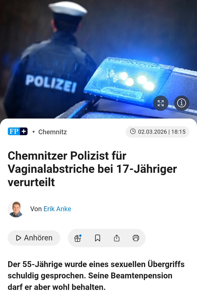 "Der Mann ist verheiratet und hat eine Tochter, die nur wenig älter ist als sein Opfer. Seit März erhält der Polizist eine Pension von 2100 Euro monatlich."

Kein einziges Wort vom berühmtesten Polizisten Deutschlands: M. Ostermann 🤐.

Wieso auch? War ja kein Ausländer.