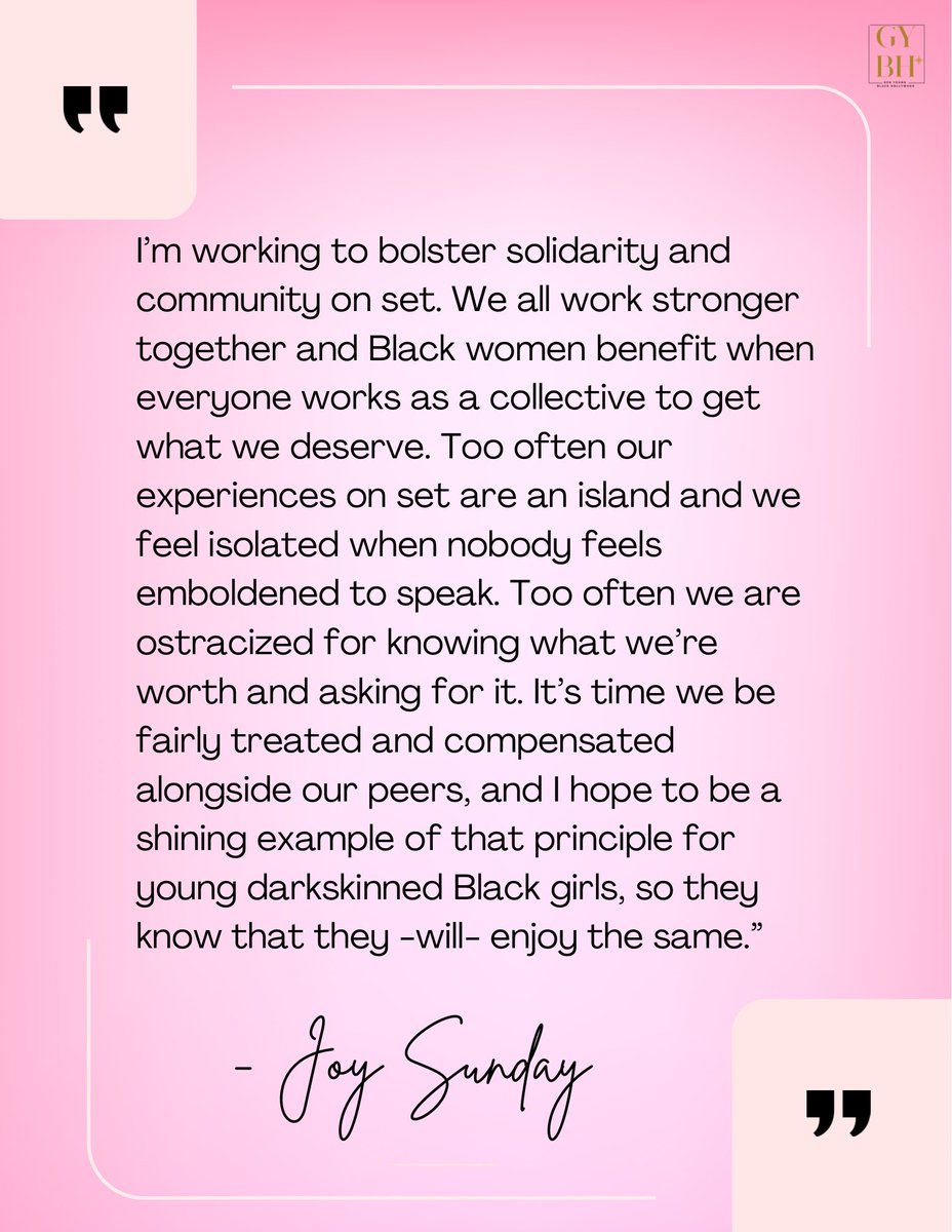 jasimisinclair's tweet photo. Gen YBH Women’s History Month Spotlight: JOY SUNDAY

“I’m working to bolster solidarity and community on set. We all work stronger together and Black women benefit when everyone works as a collective to get what we deserve. Too often our experiences on set are an island and we feel isolated when nobody feels emboldened to speak. Too often we are ostracized for knowing what we’re worth and asking for it. It’s time we be fairly treated and compensated alongside our peers, and I hope to be a shining example of that principle for young darkskinned Black girls, so they know that they -will- enjoy the same.”