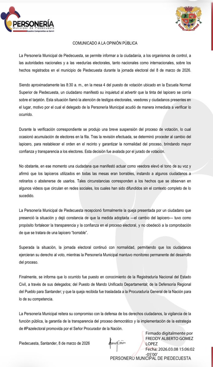 Comunicado sobre la situación presentada en Piedecuesta-Santander, con ocasión a los lapiceros utilizados durante la jornada electoral.

#EleccionesColombia2026 #PazElectoral