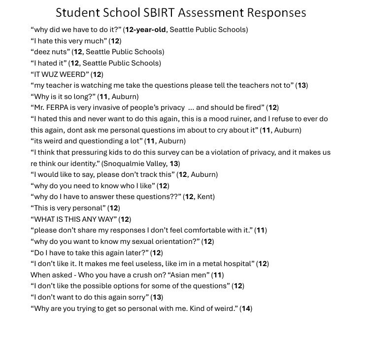 SeattleBeachBum's tweet photo. @bkheywood Referenced above, here’s a small sampling of real responses typed in by school kids who participated in this intervention program, as preserved in official records. Program is administered to all students in a grade (all 7th graders for example, or 6 and 7th, etc) https://t.co/RBui8DmThA