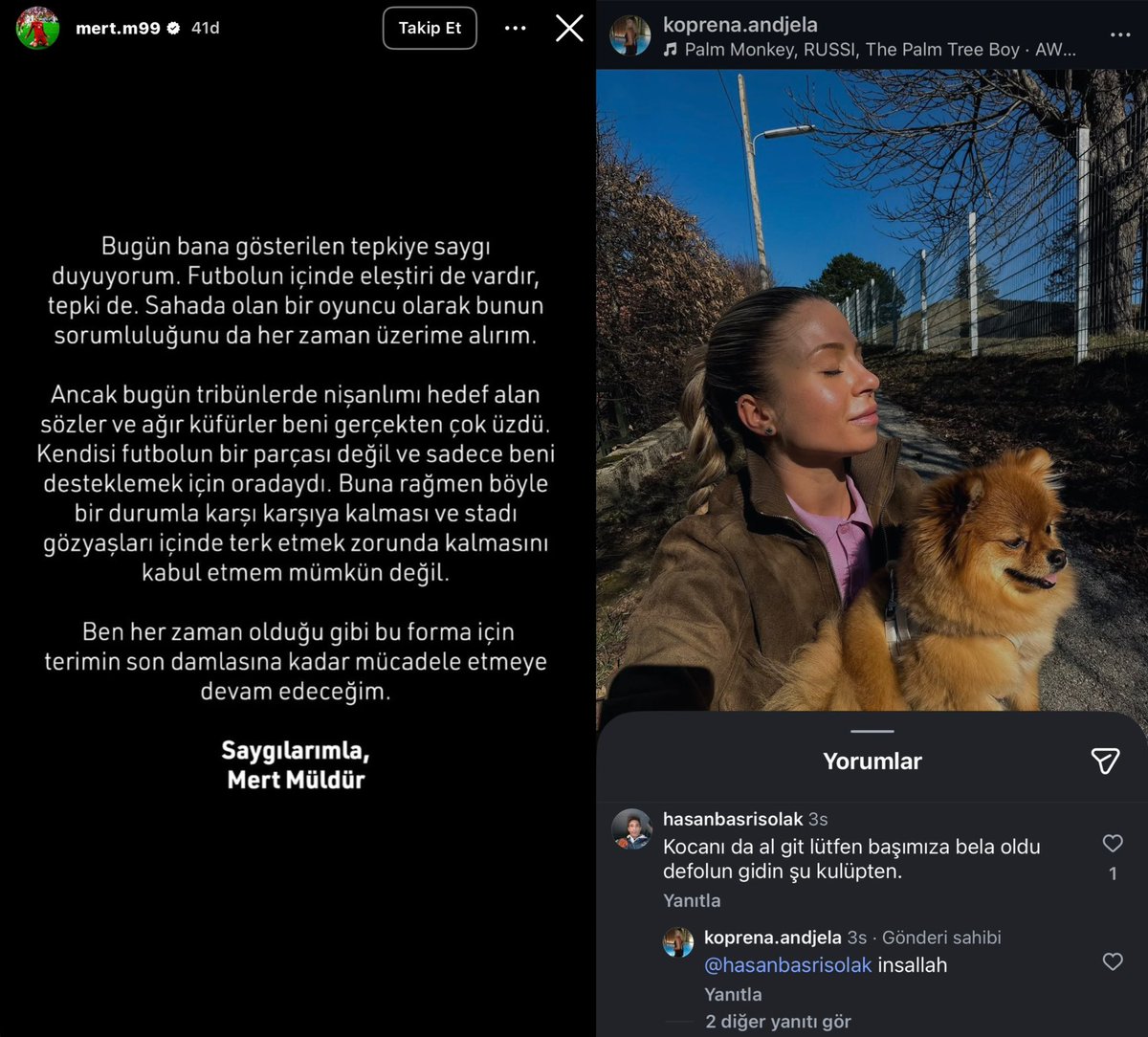 🚨 FENERBAHÇE'DE KAOS ÇIKTI!

Mert Müldür, Fenerbahçeli taraftarların stadyumdaki nişanlısına küfür ettiğini ve nişanlısının stadyumu erkenden terk ettiğini açıkladı.

Fenerbahçeli bir taraftar: "Kocanı da al git lütfen başımıza bela oldu, defolun gidin şu kulüpten."

Mert