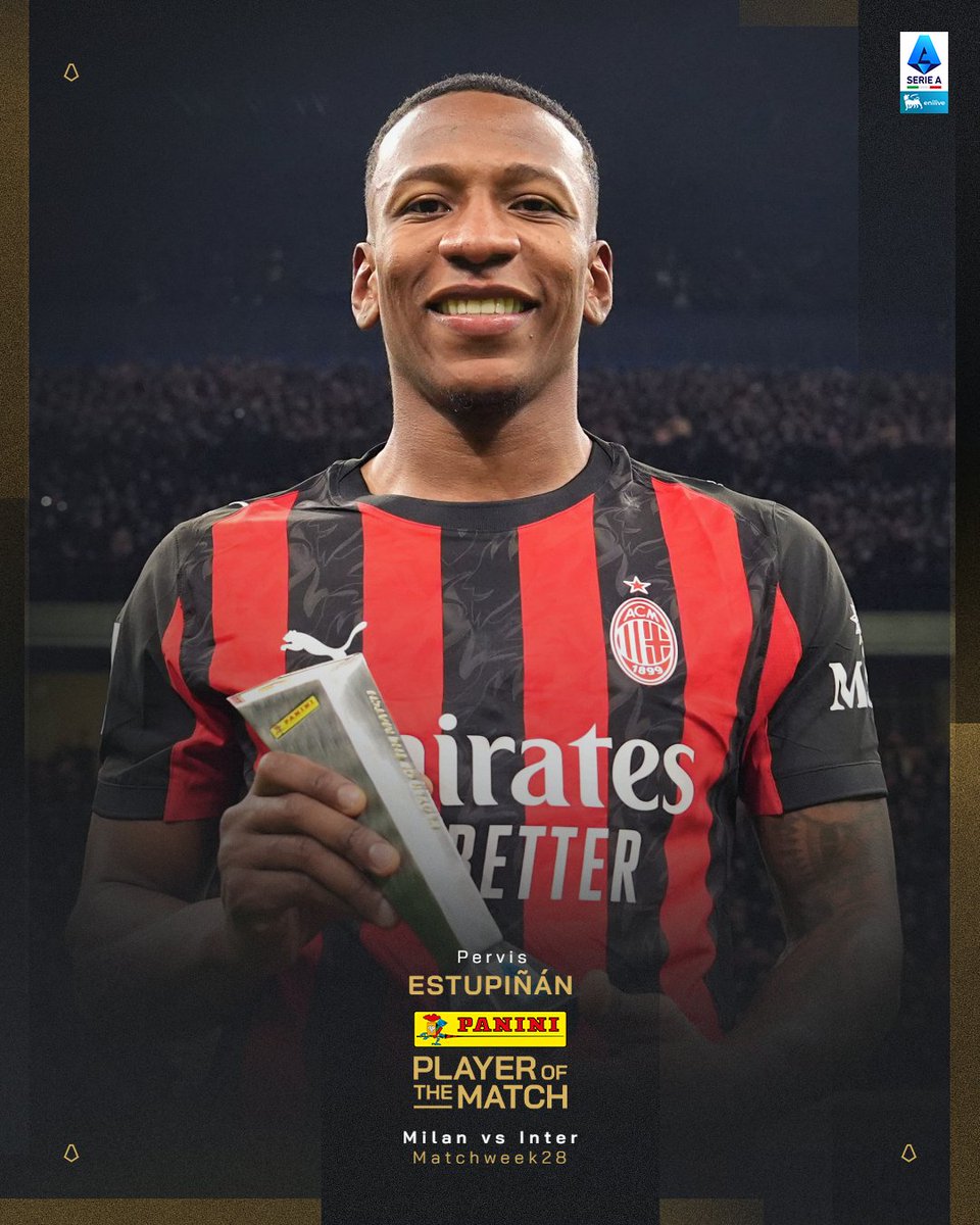 SerieA's tweet photo. Pervis Estupiñán è il Panini Player of the match di #MilanInter! 🏆🔥 https://t.co/EjfKIn7lDc