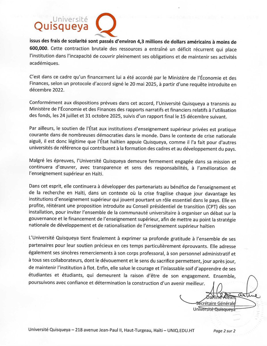 UQuisqueyaHaiti's tweet photo. Note publique de l'Université Quisqueya concernant le financement de l'Etat haïtien. https://t.co/dT1GTVm5bT