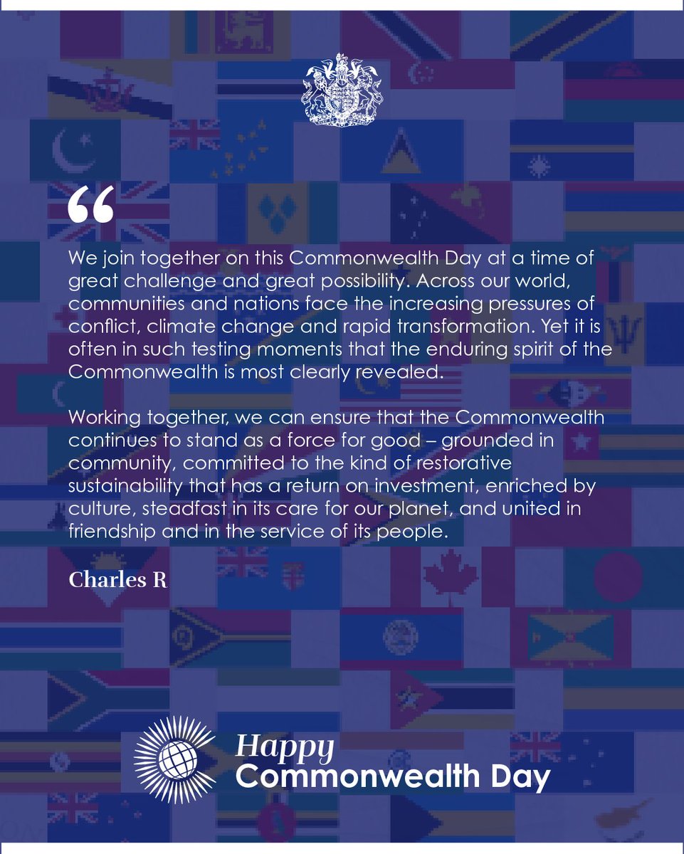 🌍 Tomorrow is Commonwealth Day: a day to celebrate the 56 nations of the Commonwealth who work together on shared goals like development, democracy and peace. 

In his annual message to the Commonwealth, The King reflects on how the shared values and collective spirit of its