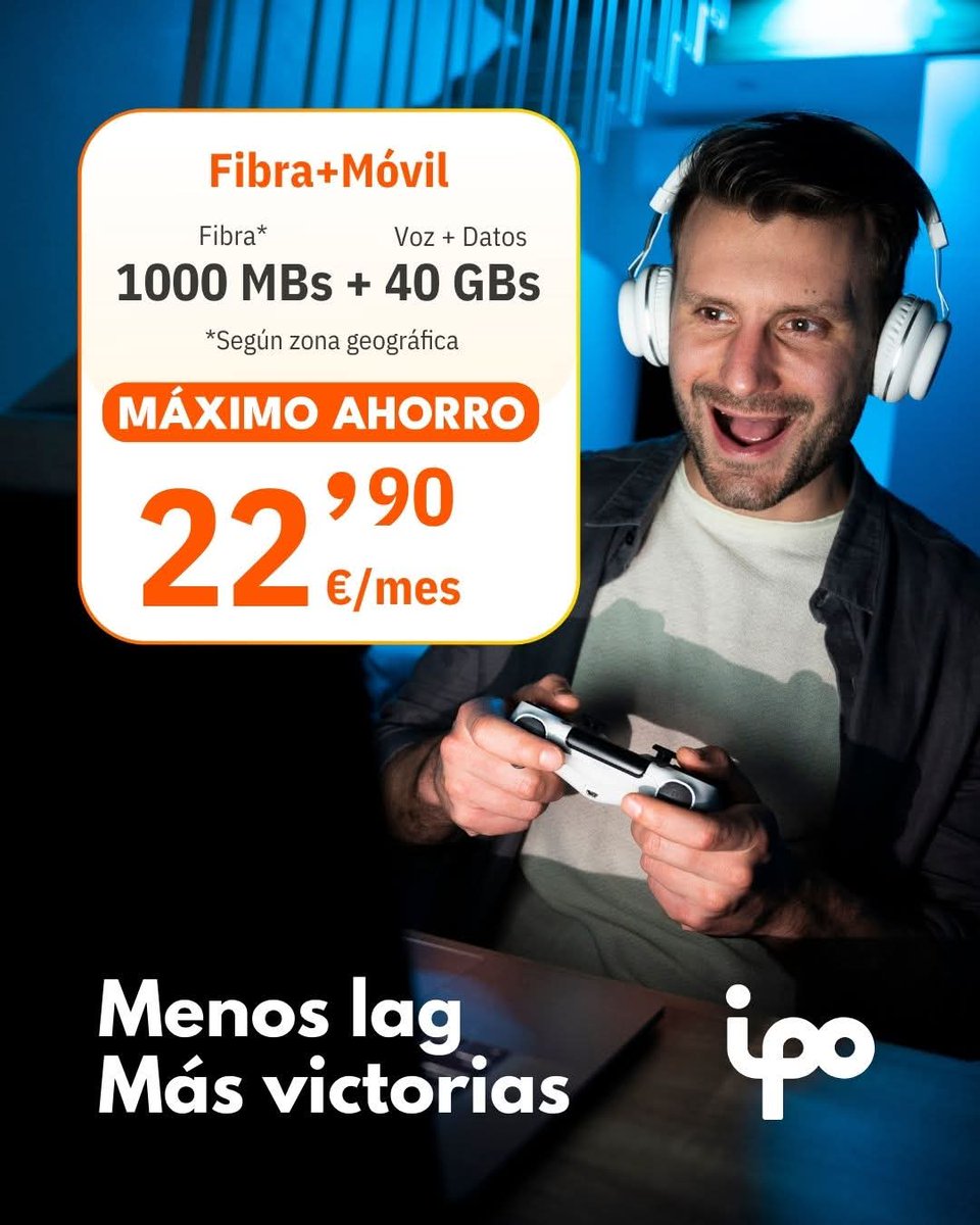 IPONetworks's tweet photo. Menos lag, más victorias
Fibra + móvil pensados para los que quieren velocidad real y ahorro.
✔ Fibra hasta 1000 MB
✔ 40 GB en el móvil
✔ Todo por 22,90 €/mes
Llama al 900 899 990 y comprueba tu cobertura 
https://t.co/a5jBAOodH7

#movil #INTERNET #telefonia #FibraOpticaHogar https://t.co/Nm4eUg8OD3