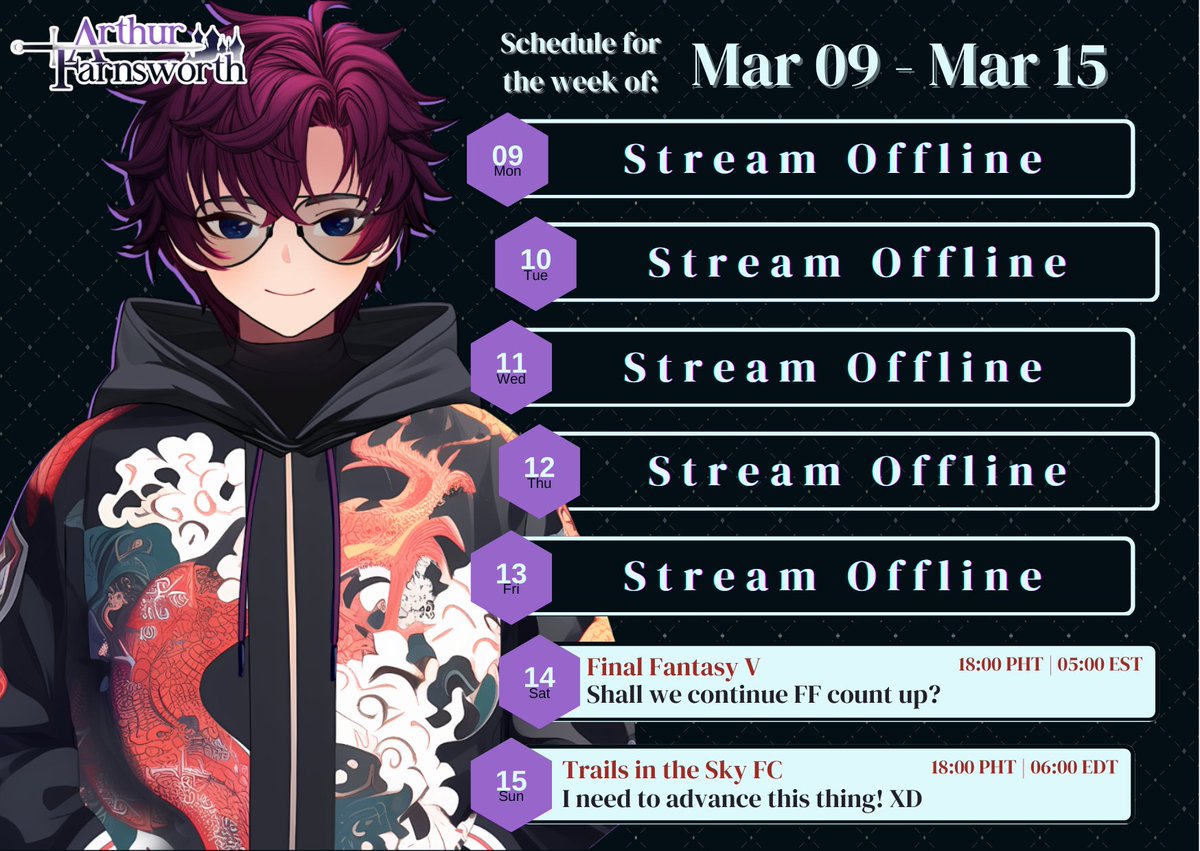 ArthFarnsworth's tweet photo. With all the current career-related changes I have, I have to go back to the drawing board and rethink my sched. This will be the only sure streams this week, and we'll play weekdays by the ear! Stay tuned for more! #FarnsworthStream #ENVtuber #PHVtuber #VtuberUprising https://t.co/puO8scBpzO