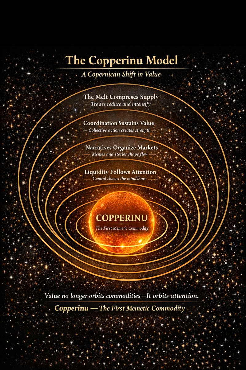 4/4

Value no longer orbits commodities.

It orbits attention.

At the center stands $COPPERINU —

the first memetic commodity on-chain.

The Copperinu Model