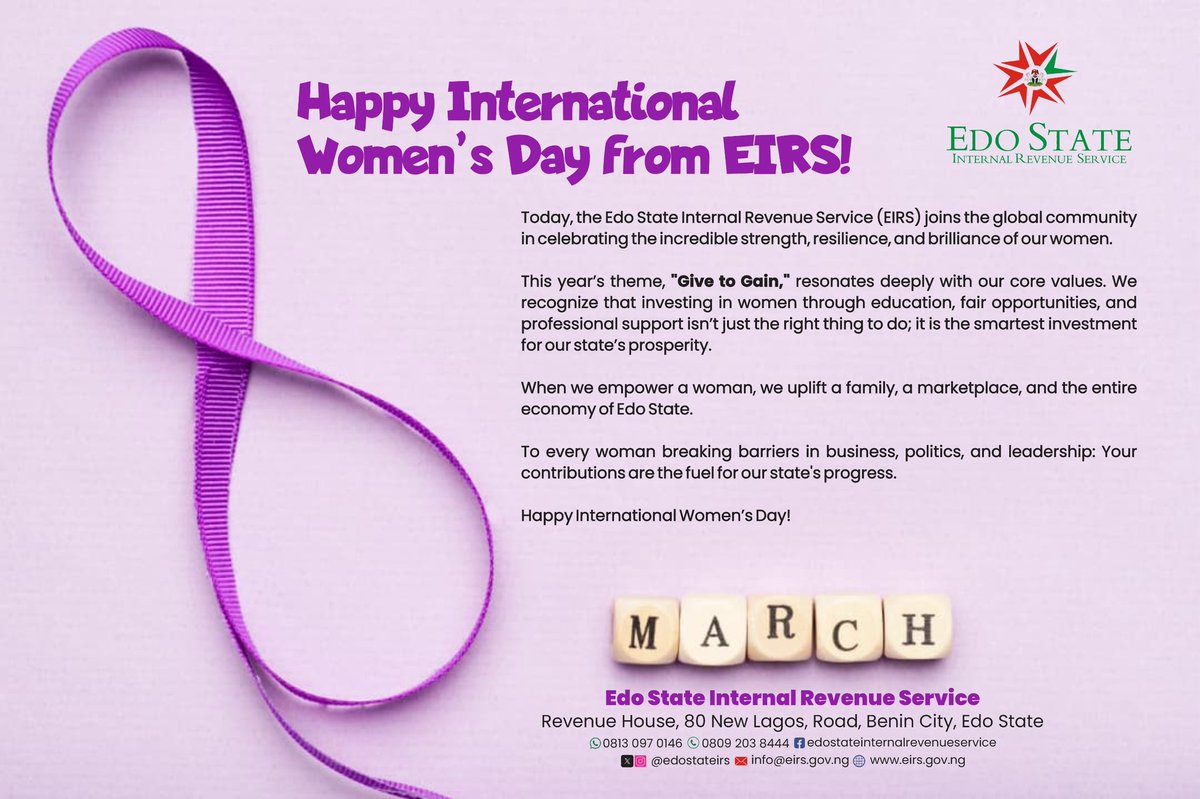 edostateirs's tweet photo. Happy International Women's Day!

From all of us at EIRS https://t.co/dAhJmYNhrK