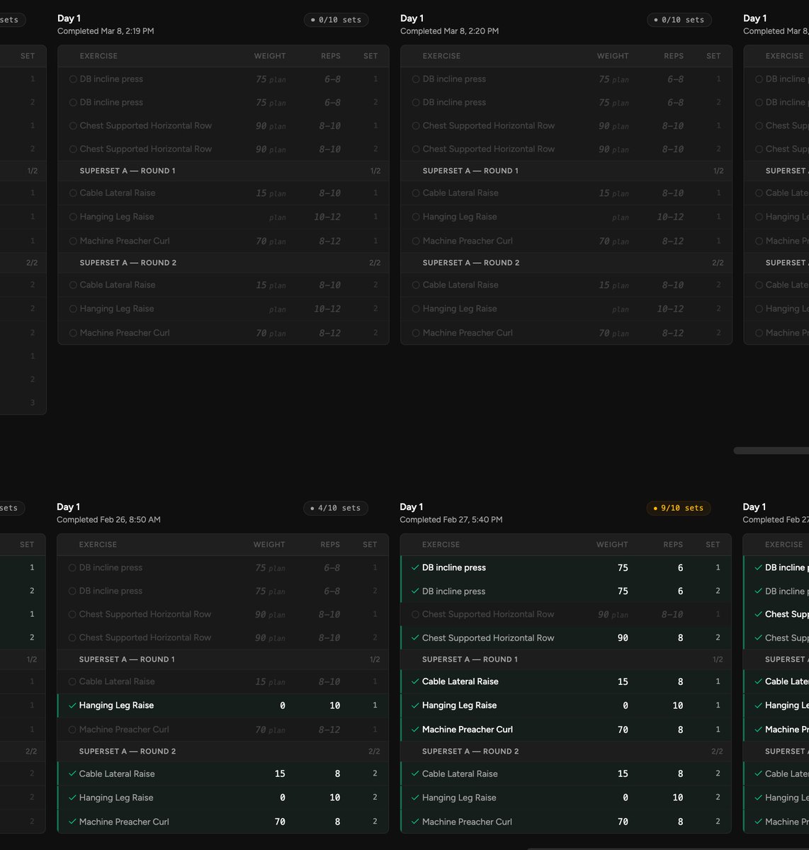 TheJFann's tweet photo. Trying to make it easier for coaches to diff the actual prescribed sets / reps vs. actually completed sets / reps. Surprisingly dense how much information you need to capture when logging workouts. Eventually, the idea is to feed all this data to an AI https://t.co/O81qJYtLjJ
