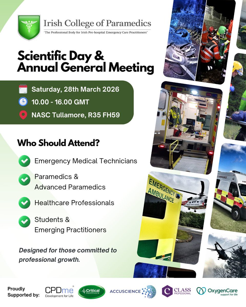cpdme's tweet photo. π Who Should Attend & About Irish College of Paramedics
Scientific Day & Annual General Meeting
π NASC Tullamore, Tullamore, R35 FH59
ποΈ Saturday, 28th March 2026 10.00 - 16.00
ππ» Register now:
https://t.co/QwHMA0AEE9
#HealthCareProfessional #Paramedics #ParamedicCommunity https://t.co/ZFlf6DM7TR